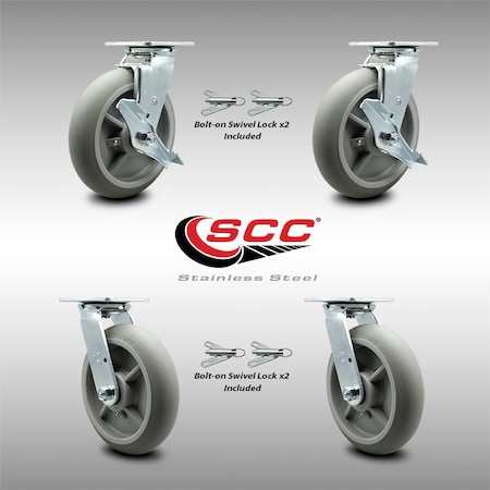 Service Caster 8 Inch SS Thermoplastic Caster Set with Roller Bearing 4 Swivel Lock 2 Brake SCC SCC-SS30S820-TPRRD-TLB-BSL-2-BSL-2